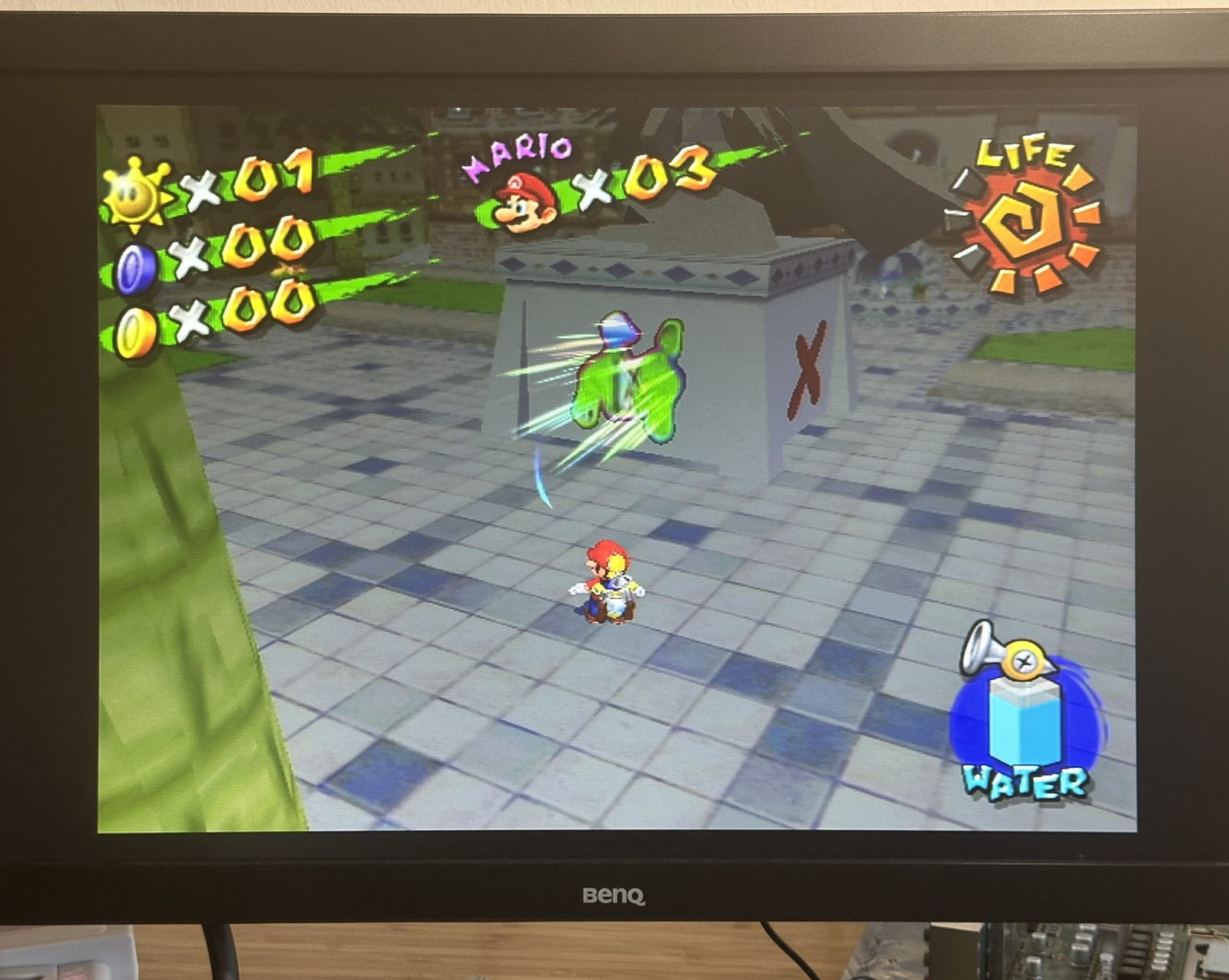 Mario mid-level, colours clean across the whole scene