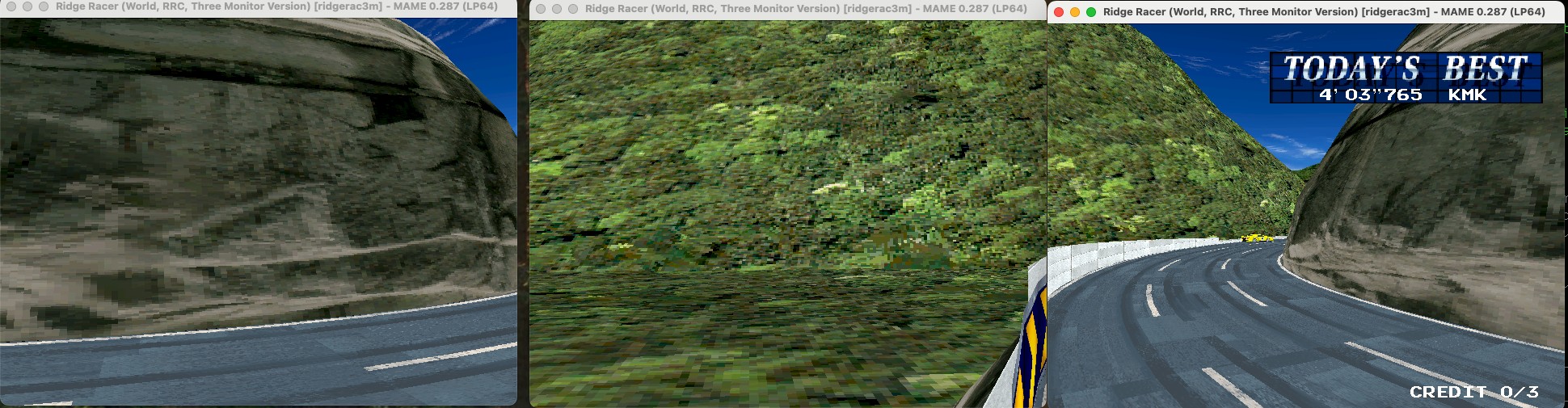 Three linked MAME windows running Ridge Racer Three Monitor Version