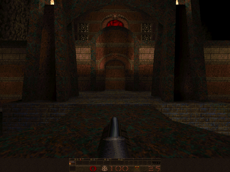 Quake's E1M5 in the DOS software renderer: a dark stone gatehouse lit by two torches