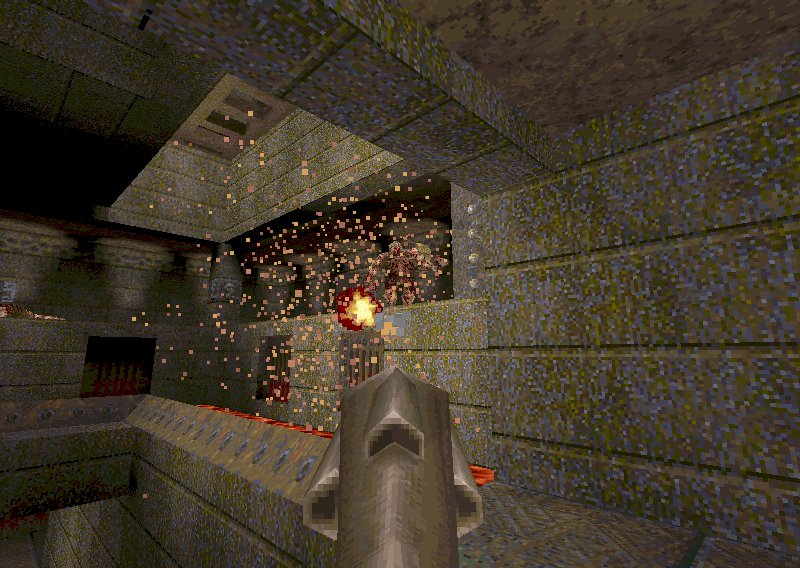 A rocket explosion in Quake, its particles drawn as square blocks of pixels
