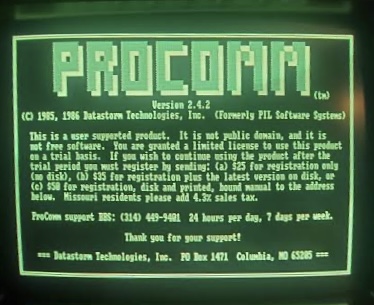 Procomm's startup screen, running on the Amstrad PC1640