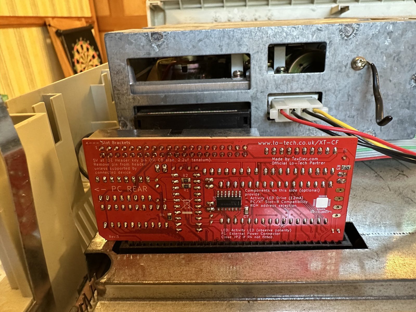 Lo-tech XT-CF adapter installed in the PC1640, rear view showing the Lo-Tech/TexElec branding