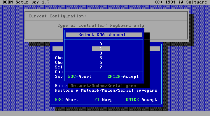 Doom's setup program asking for the Sound Blaster's DMA channel, with 1 selected