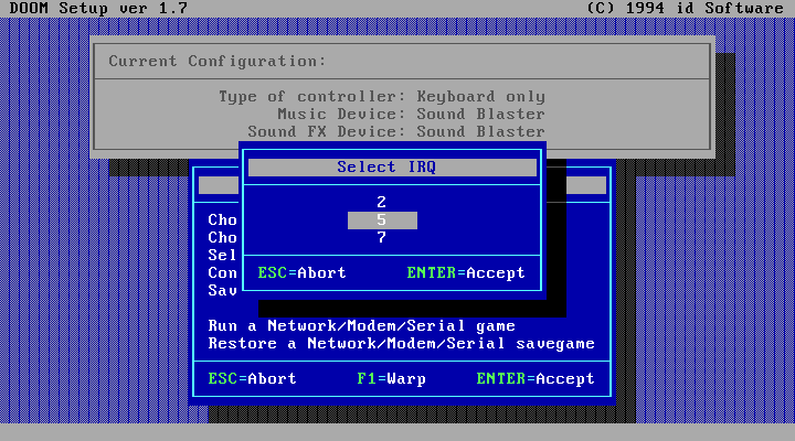 Doom's setup program asking for the Sound Blaster's IRQ, with 5 selected