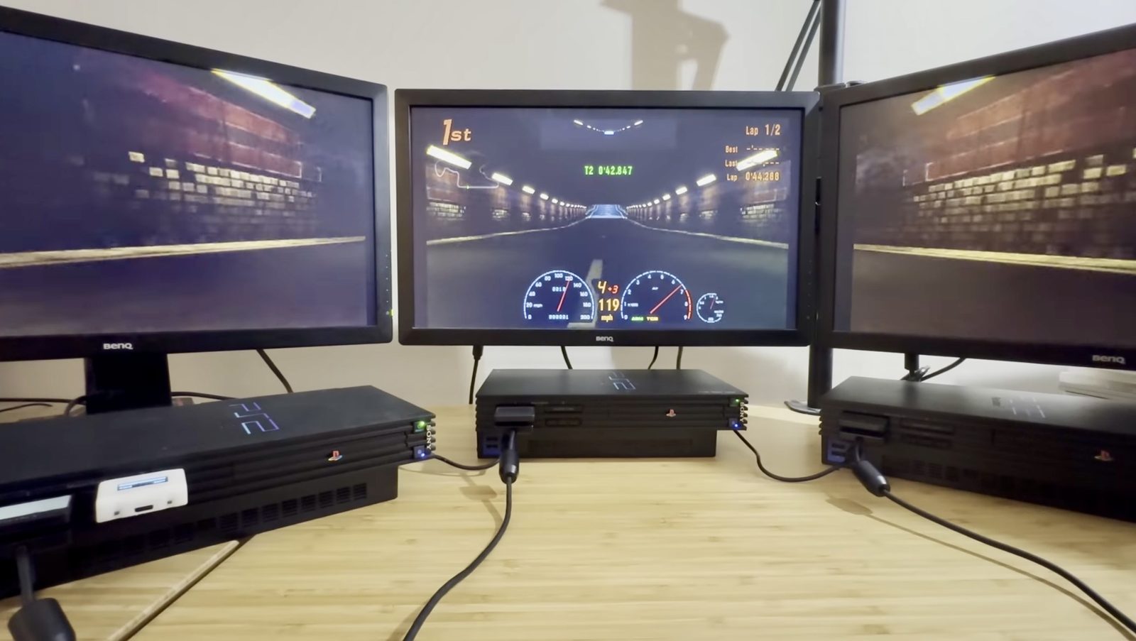 A tunnel section, running near-seamlessly across all three screens