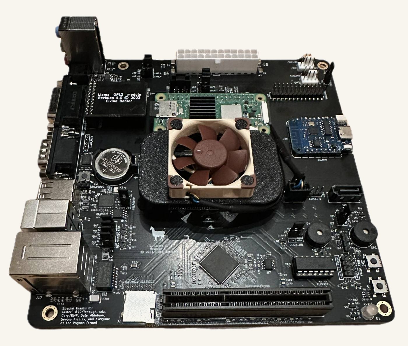 My ITX Llama, with the OPL3 module, a Raspberry Pi, a D1 Mini Wi-Fi modem, and a Noctua fan fitted