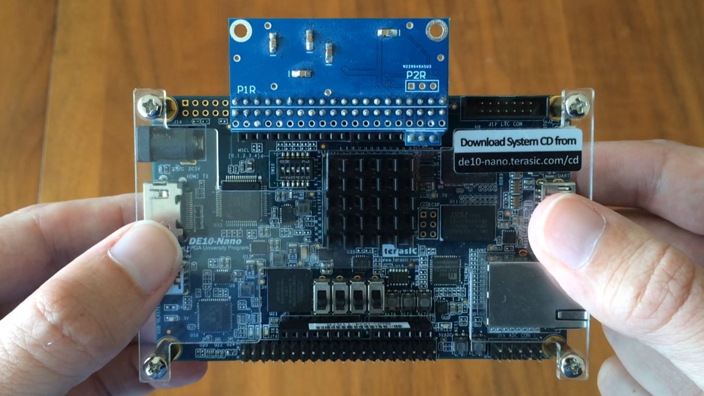 The MiSTer's DE10-Nano board with an SDRAM add-on fitted