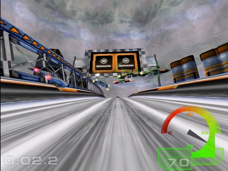 3DMark2001 Car Chase on the GeForce 6200 under Windows 98, running at about 70 fps