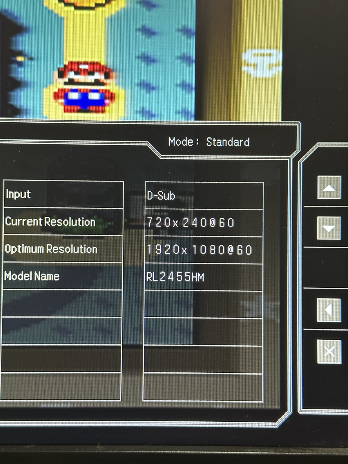 Monitor OSD confirming a 720x240 @ 60Hz input signal