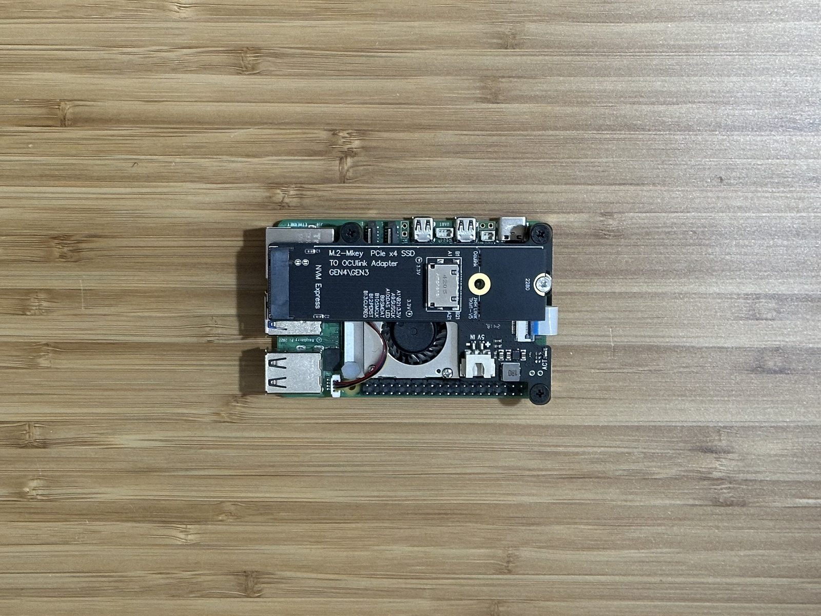The M.2-to-OCuLink adapter, connected to the Pi