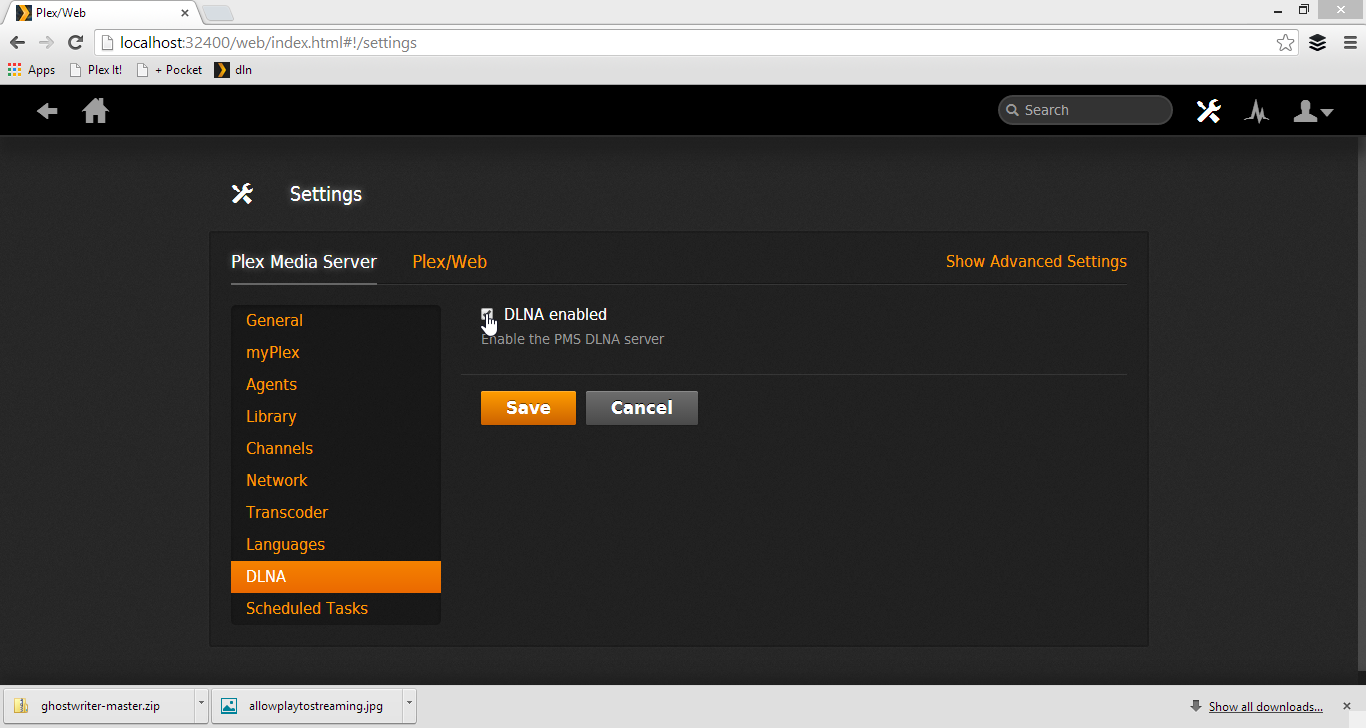 Turning on Plex DLNA