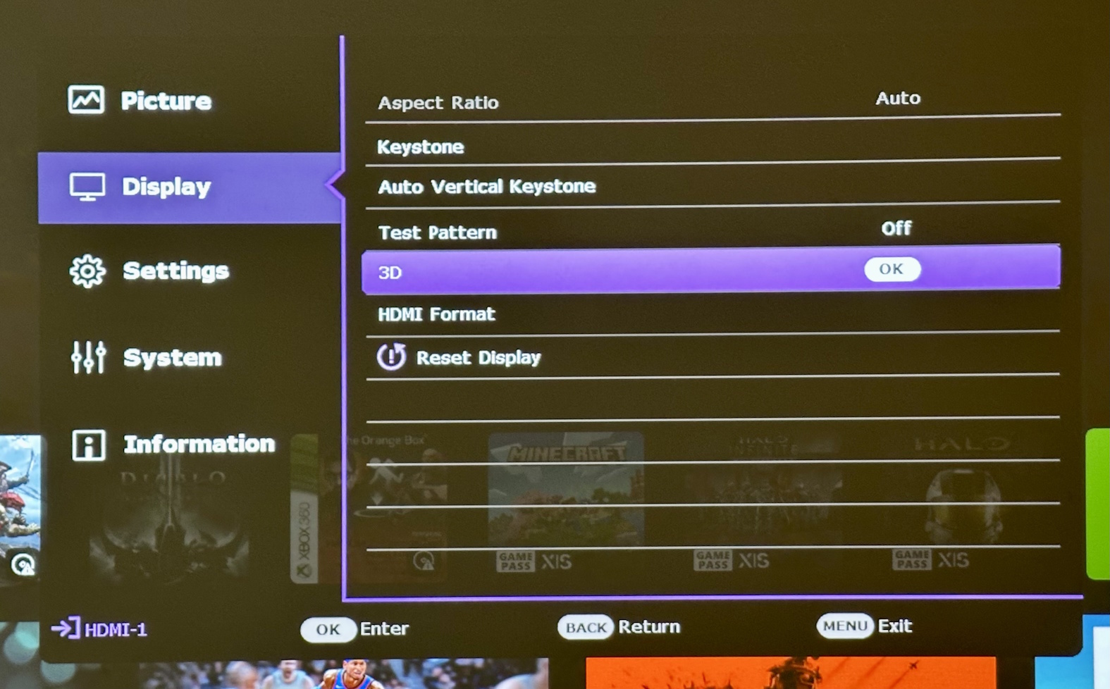 Projector menu showing 3D option